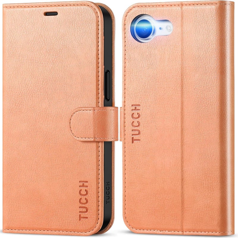 TUCCH Case Wallet for iPhone 16e, Protective [TPU Shockproof Inner Shell], Kickstand PU Leather RFID Blocking [4 Card Holder] Magnetic Closure Cover Compatible with iPhone 16e 5G, Peachy Pink - Image 1